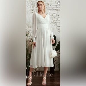 JJ’s House A-line V-Neck Tea Length Chiffon Wedding Dress Australia Sizing 8